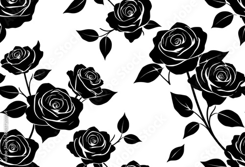 Elegant black rose silhouettes on white background, seamless repeat pattern, minimalist, bloom