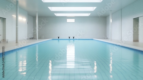 Modern indoor pool with white walls and a skylight