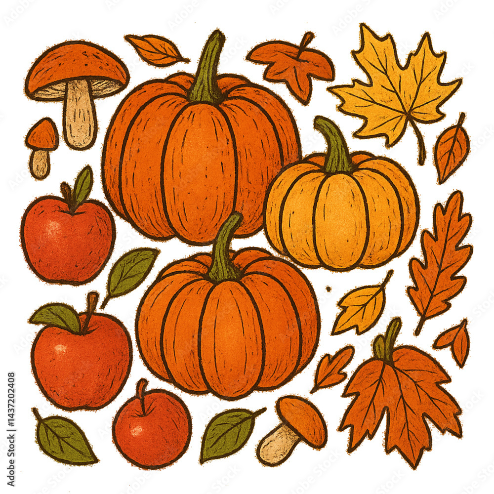Handdrawn illustration of pumpkins apples mushrooms and colorful autumn leaves perfect for seasonal harvest thanksgiving decorations and fall festivities Handdrawn illustration of pumpkins apples mushrooms and colorful autumn leaves perfect for seasonal harvest thanksgiving decorations and fall festivities