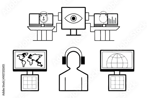 Futuristic control room with cybersecurity operations, monitors, and data security concept, cyber defense and surveillance workspace with digital technology, tech line art icon set