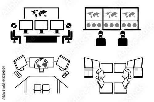Modern control room for cybersecurity operations with digital security systems, data protection and monitoring, futuristic tech workspace, tech line art icon set