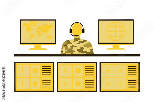 Military control room with monitors showing world map and globe, cybersecurity command center with operator wearing headset, tech line art icon set
