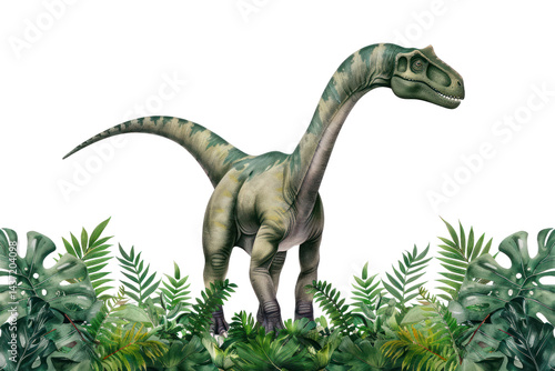 Extremely detailed and realistic model of a theropod dinosaur resembling a Velociraptor with a long tail and neck, standing amid lush green tropical foliage on a white background