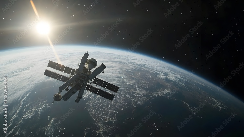 Obraz premium A space station orbits a luminous planet.