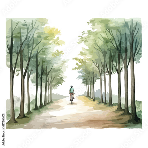 watercolor A person riding a bicycle through a forest