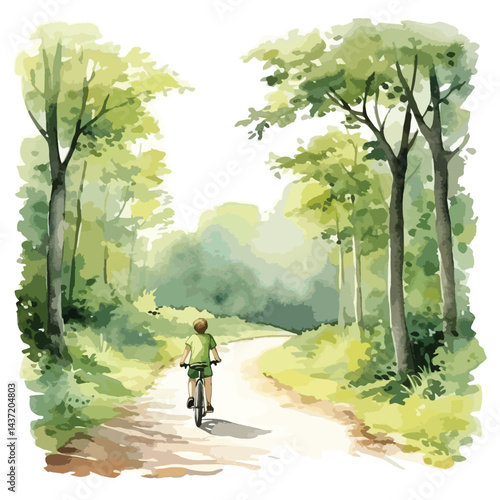 watercolor A person riding a bicycle through a forest