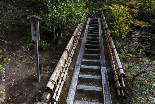Tablou pe pânză traditional outdoor garden staircase at the Golden Pavilion (Kinkakuji), in Kyoto, Japan