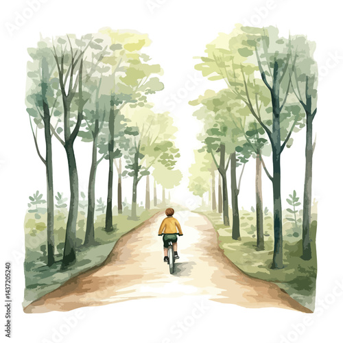 watercolor A person riding a bicycle through a forest