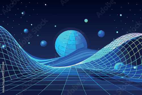 Digital 3D abstract wave in a blue cosmic field with grid pattern, stars, and glowing orbs against a deep dark background