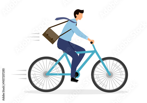 Businessman riding a bike hurrying up to work in flat design vector illustration.