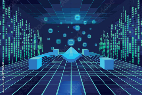 High Tech Digital Matrix with Glowing Binary Code and Data Streams Flowing Across a Blue Grid, Representing Modern Technology and Innovation Tech Background