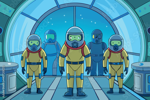 Advanced futuristic hazmat team in yellow suits standing in a metallic circular airlock with blue lighting, science fiction design Tech Background