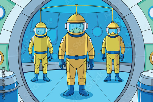 Futuristic hazmat team wearing protective suits in a high tech circular airlock with metallic details, ready for a mission in a scientific environment Tech Background