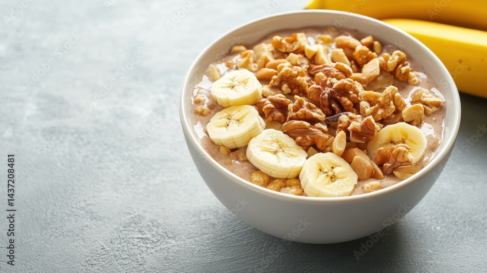 Fresh and Healthy Breakfast Bowl with Sliced Bananas, Nuts, and Oatmeal on a Simple Background Fresh and Healthy Breakfast Bowl with Sliced Bananas, Nuts, and Oatmeal on a Simple Background