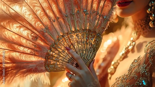 Golden fan and jewelry accentuating elegance, captured in a luxurious and sophisticated scene