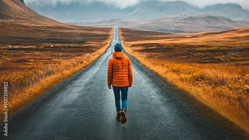 Person walking on an endless road towards the mountains, symbolizing determination and journey