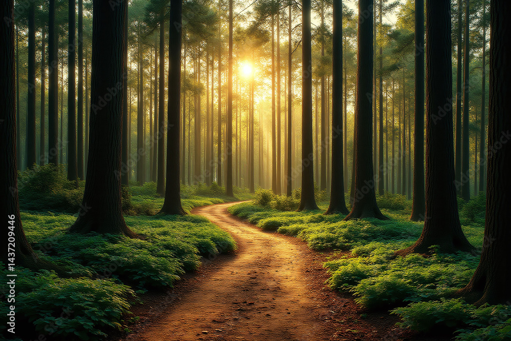 Obraz premium path through a forest with the sun shining through the trees