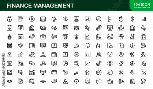 Modern Finance Management Icon Set Vector Illustration. Featuring Essential Symbols for Budgeting, Investments, and Financial Planning for Professional Designs.