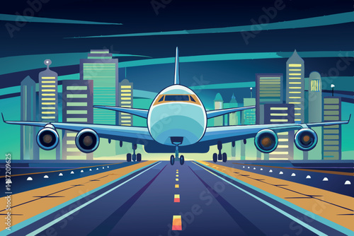 Large passenger jet taking off at night, viewed from the front, with illuminated city skyline and runway, showcasing the power and speed of modern air travel