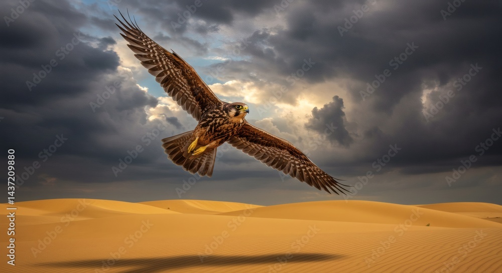 Naklejka premium Falcon in Flight Above Desert Landscape with Dramatic Sky