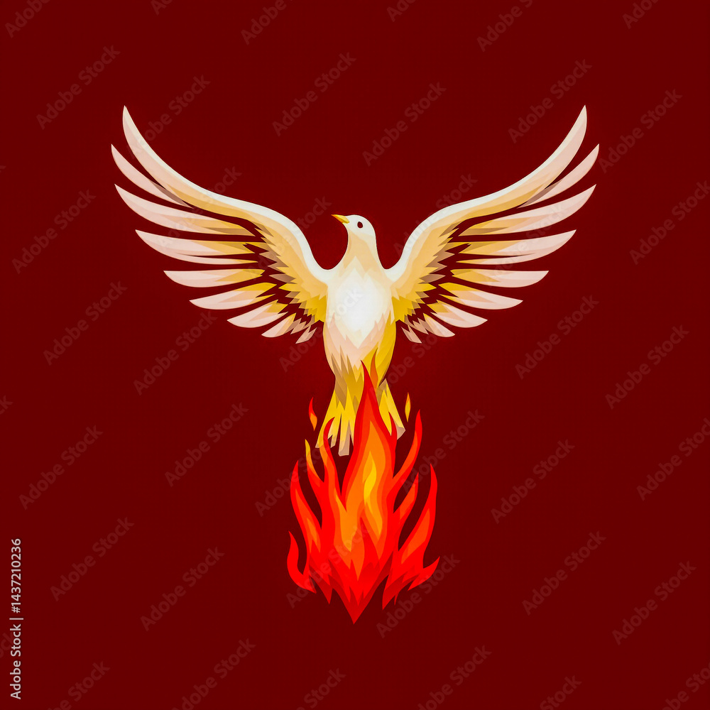 Obraz premium Pentecost. A white dove spreads its wings and flies, burning with the flame of the Holy Spirit. The Holy Spirit descends