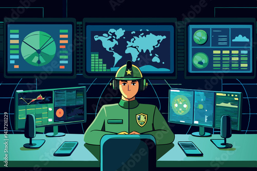 Military personnel monitoring cybersecurity systems in a high tech control room, surrounded by multiple screens displaying maps, graphs, and security data