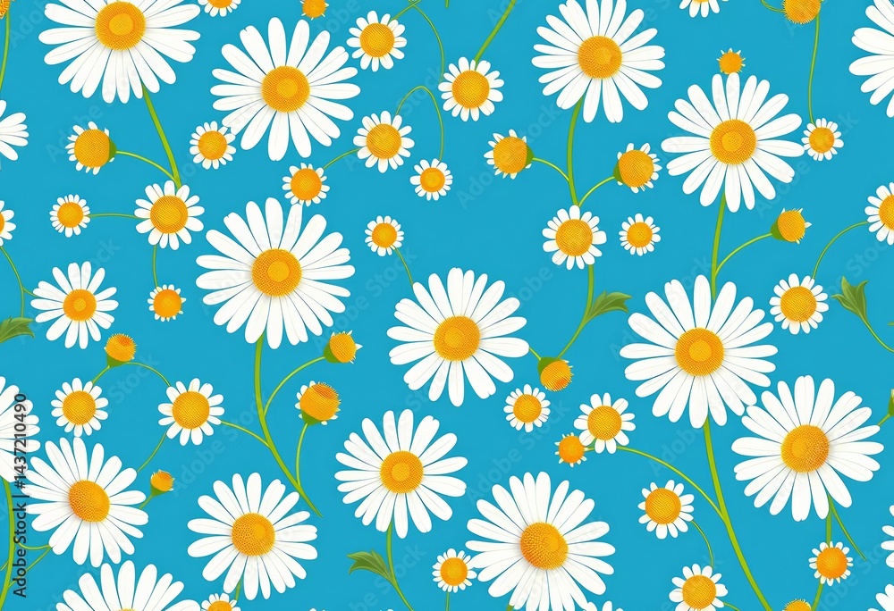 Abstract camomile floral pattern, seamless repeat on blue background, art, image Abstract camomile floral pattern, seamless repeat on blue background, art, image