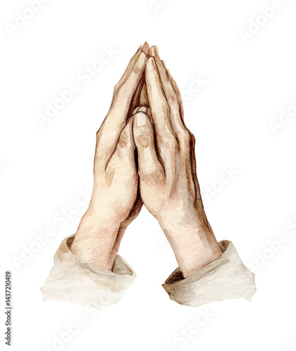 Watercolor illustration of hands clasped in prayer with a hopeful expression