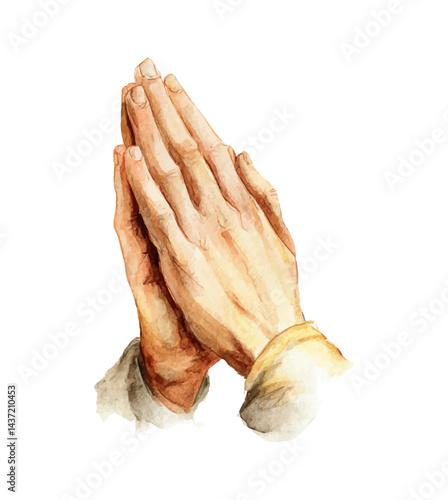 Watercolor painting of two hands clasped together in prayer, on black background.