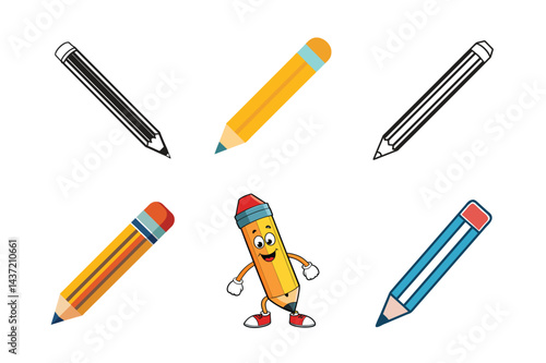 Set of Cartoon and Realistic Pencil Icons and Illustrations
