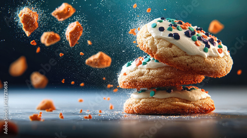 Stacked sugar cookies with creamy white frosting and colorful sprinkles, surrounded by flying cookie crumbs and vibrant, energetic atmosphere