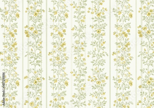 This image presents a vintage-inspired wallpaper design with repeating vertical white stripes adorned with small yellow flowers and detailed green leaves