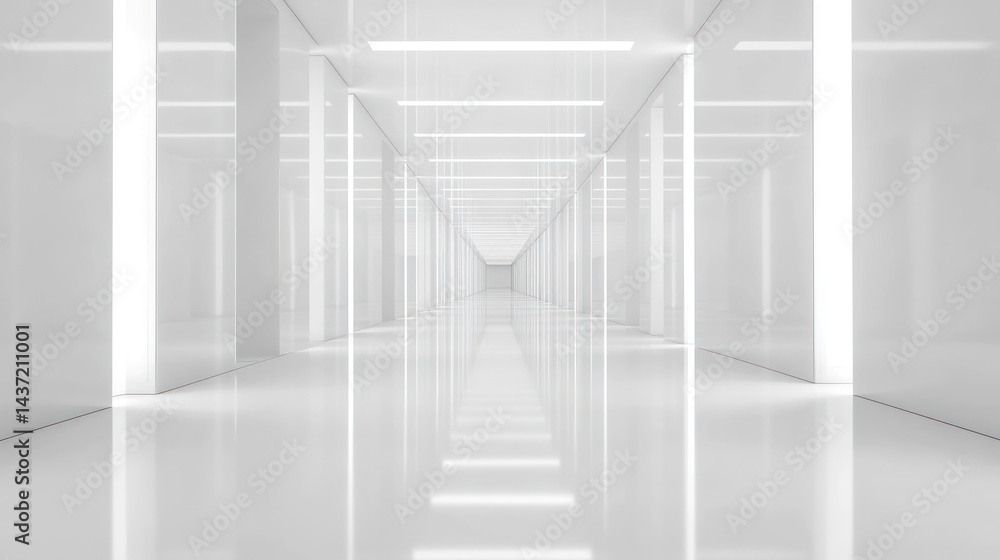 Endless luminous white corridor with receding perspective and polished surface Endless luminous white corridor with receding perspective and polished surface