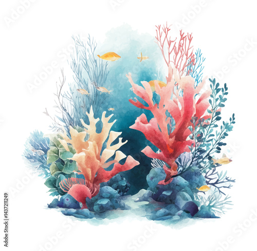 Vibrant Watercolor Illustration of a Colorful Coral Reef with Fish and Seaweed