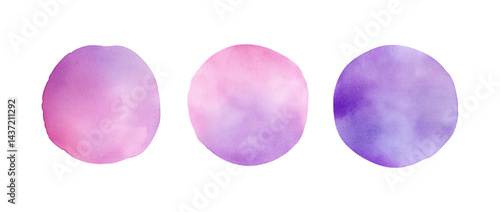 Watercolor Painting of Three Rounded Shapes in Lilac and Pink Isolated on Black