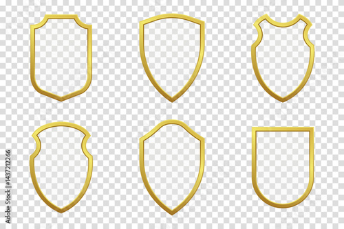 Set of realistic luxurious gold shields in various shapes, perfect for branding, logos, and decorative elements. High quality vector illustration suitable for modern design projects
