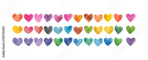 Watercolor hearts in rainbow colors, a symbol of love, friendship, and support.