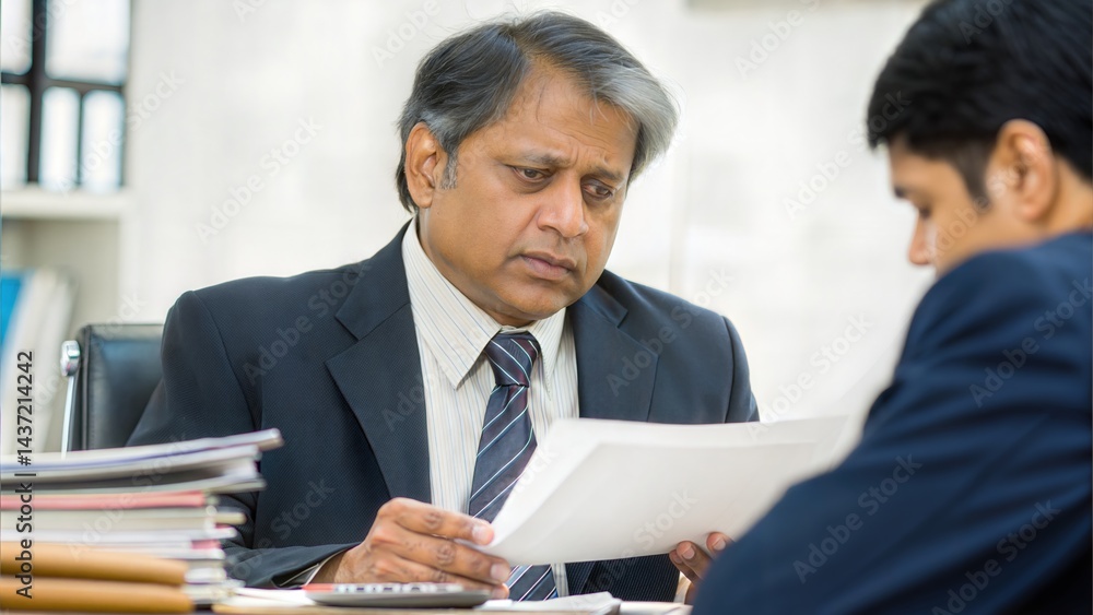 Middle-Aged Indian Manager Reviewing Financial Reports at Desk
Middle-Aged Indian Manager Reviewing Financial Reports at Desk