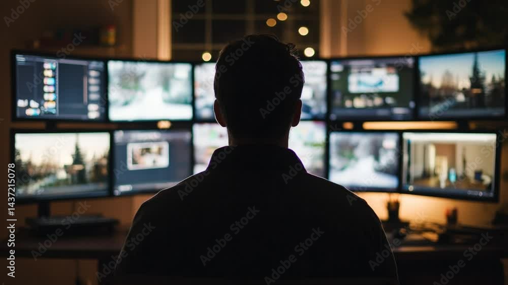Focused developer working with multiple monitors late at night in cozy room Focused developer working with multiple monitors late at night in cozy room