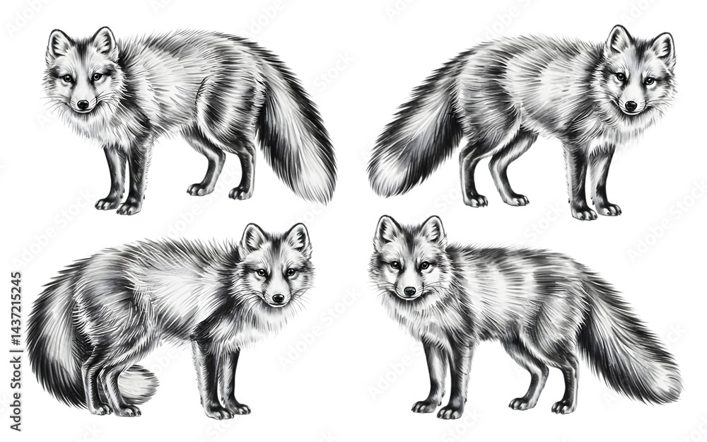 Obraz premium Fox Portrait Collection: A set of detailed illustrations showcasing the elegance and charm of foxes, captured in intricate detail.