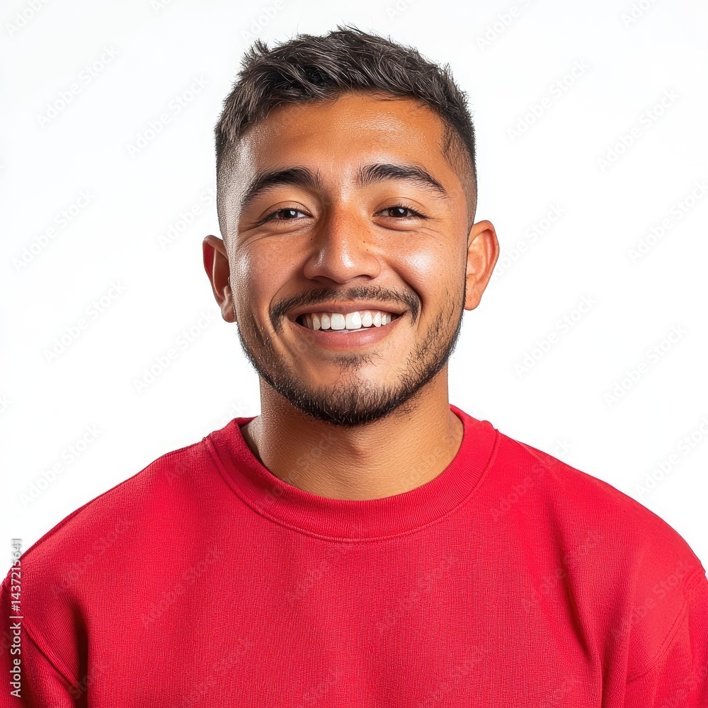 Fototapeta premium Portrait of a smiling Latin man, against a solid white background,