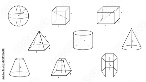 Set, collection of 3D geometric shapes: cube, rectangular prism, prism, pyramid, circular cylinder, circular cone, frustum of a cone, frustum of a pyramid, and sphere, education, STEM visuals
