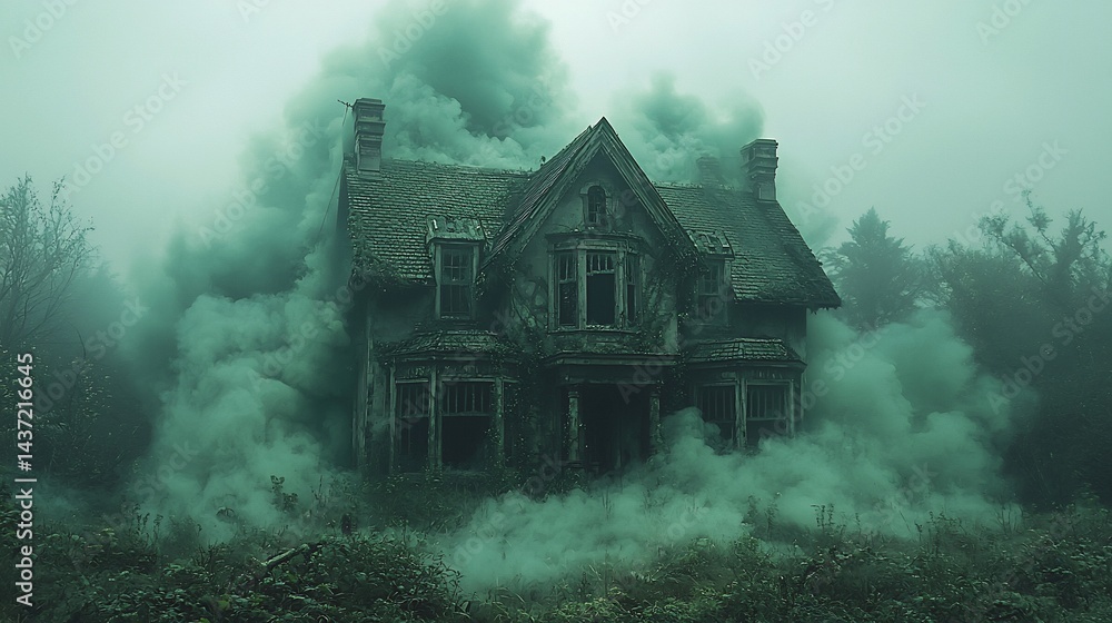 Spooky haunted house emerging from the fog with eerie green smoke seeping out of its Spooky haunted house emerging from the fog with eerie green smoke seeping out of its