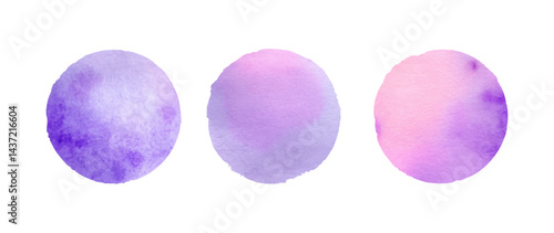 Three watercolor circles in shades of purple and pink on a black background