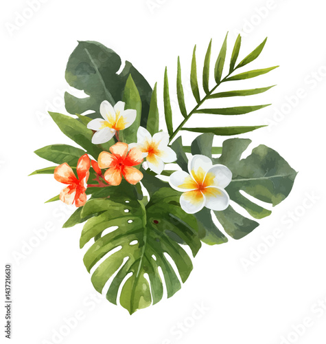 Watercolor Painting of Tropical Plumeria Flowers and Green Leaves on Black Background