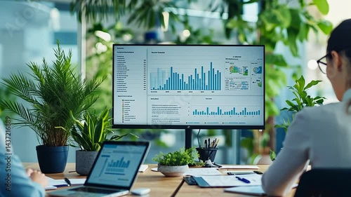 Business meeting of professionals analyzing diagrams and charts on a monitor in office