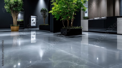 Modern, polished, gray floor in a stylish lobby.  Plants add a touch of nature to the sleek design