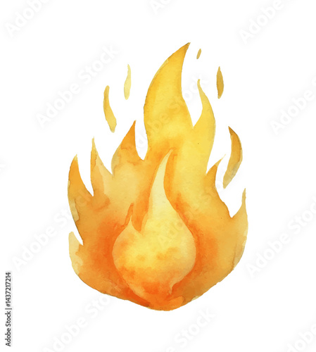 Watercolor Painting of a Bright Orange and Yellow Flame with Black Background
