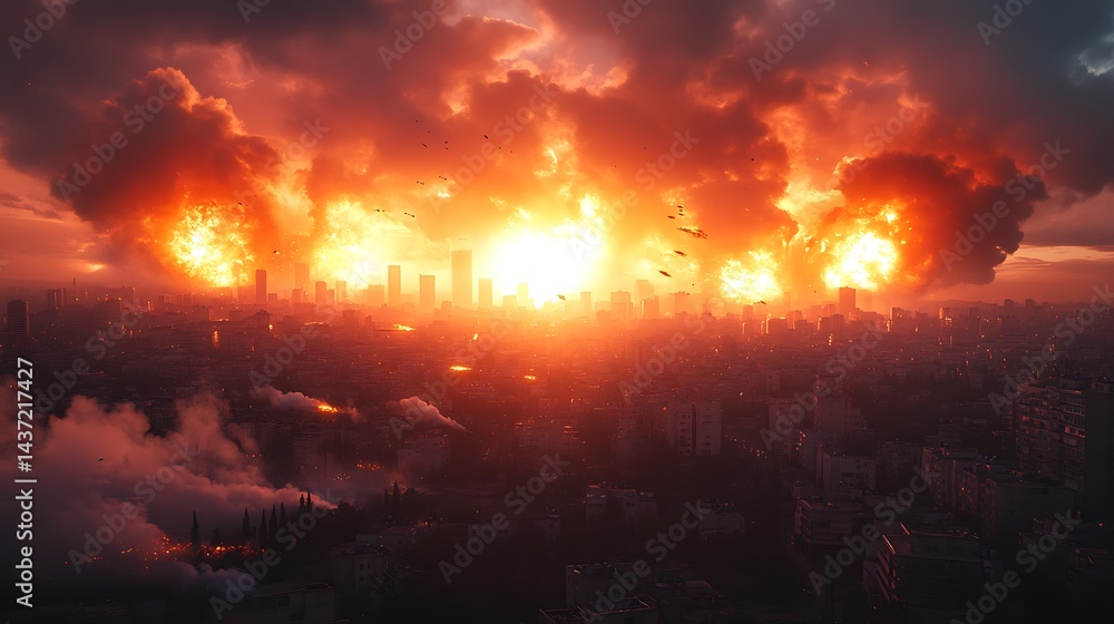 Naklejka premium Intense Rocket Strike Illuminates Nighttime Cityscape Photo