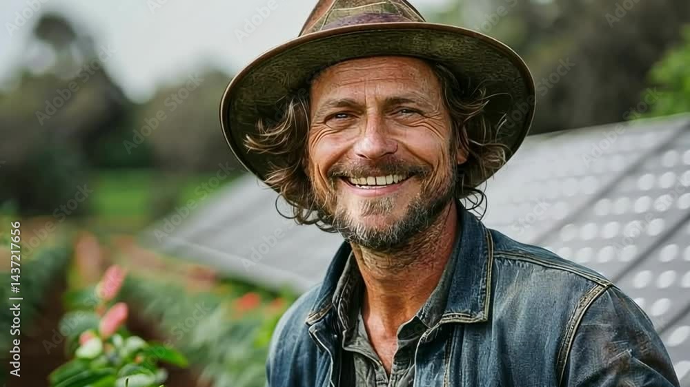 Man smiling in a green field, showcasing sustainable farming with solar panels in the background Man smiling in a green field, showcasing sustainable farming with solar panels in the background